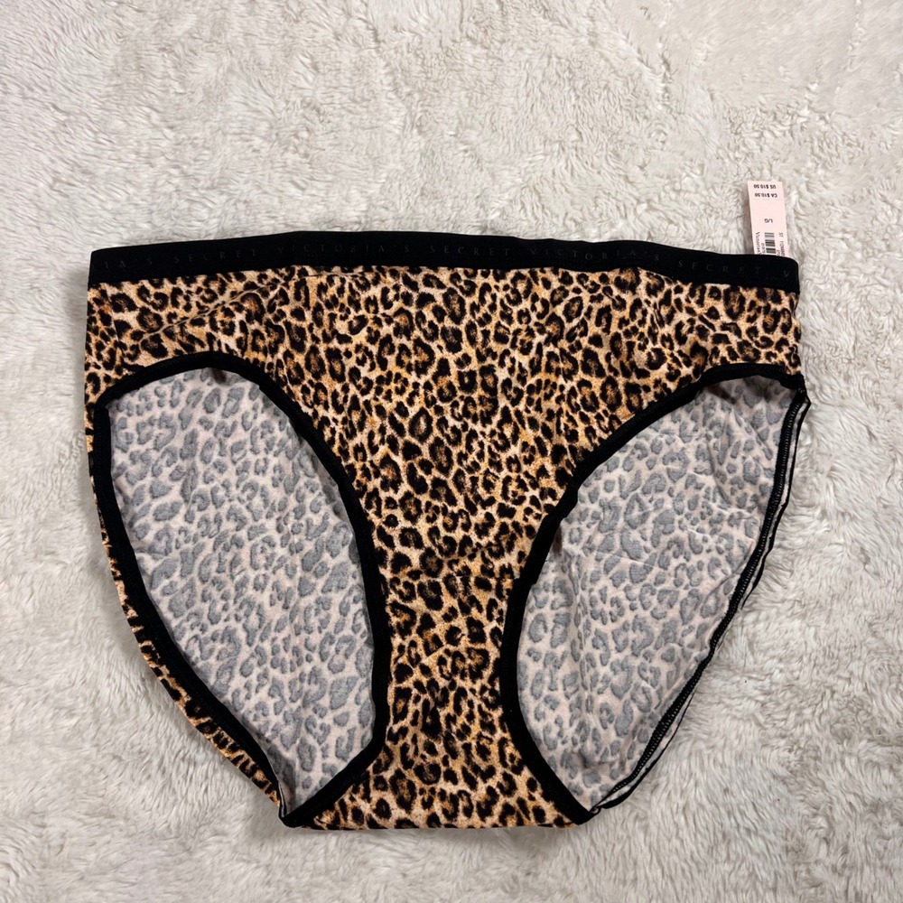 Victorias Secret Leopard Print Bikini Panty Logo Waistband Brown Black L 7BHK